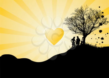 Royalty Free Clipart Image of a Couple Near a Tree With a Heart Shaped Sun