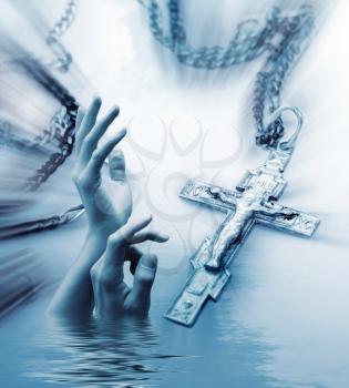 Abstract religious background with the Christian cross and stretching hands to the sky
