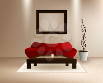Modern Vector Interior with red sofa,  coffee table and frame for picture. AI EPS10.  File contains transparency effects and gradient mesh. 