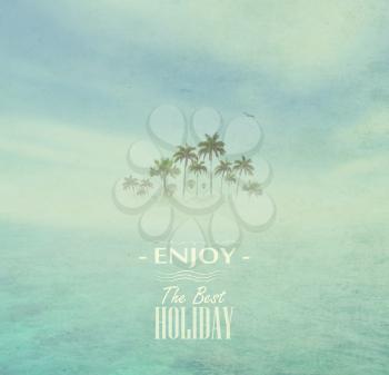 Dirty Background With Sky, Ocean, Tropical Island With Palms And Title Inscription