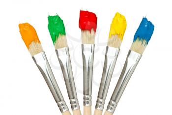 	Five paintbrushes with color paints. Isolated on white background.