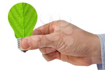 Hand with eco green energy light bulb. Isolated on white background.