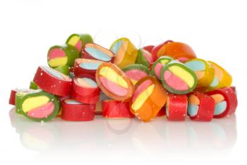 Colorful jelly sweets with reflection on white background