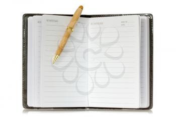 Opened notebook and pen isolated on white background 