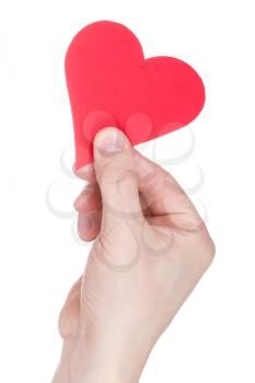 holding a red heart in hand, isolated on white background