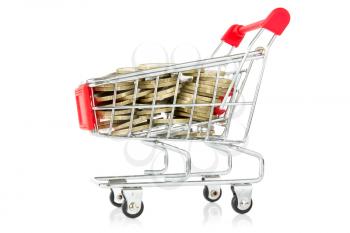 shopping cart with coins over a white background