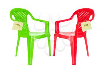 Green and red chair for debate, isolated on white background