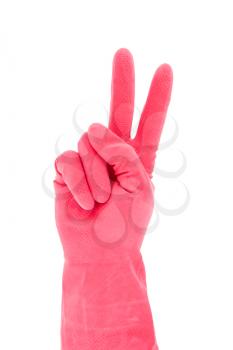 Hand in red rubber glove gesturing victory sign. Isolated on white background 