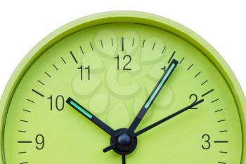 Closeup of hands on green clock face over a white background