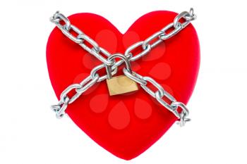 Red heart locked on padlock. Isolated over a white background