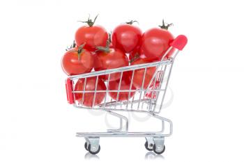  Tomatoes in shopping cart isolated on white background 