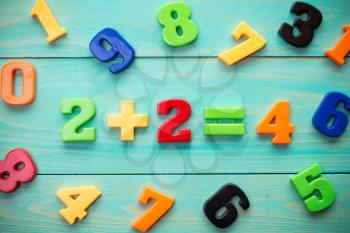 Math example with numbers magnets on a blue wood background