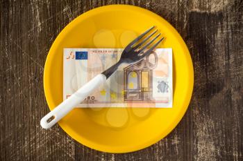  High price of food concept with plate,fifty euro and fork 