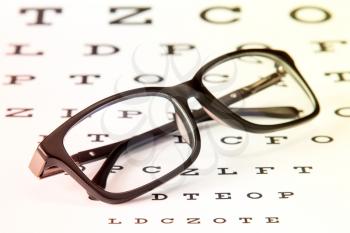 Black modern glasses on a eye sight test chart