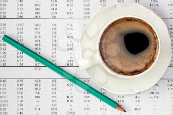Coffee cup on financial highlight page ,concept of paperwork