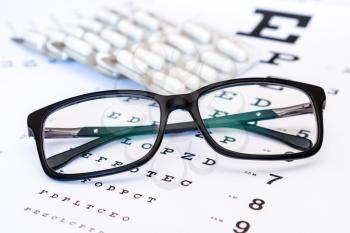 Black glasses and blister of tablets on the eye exam chart
