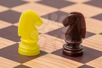  Shot of a chess board with brown and yellow horse