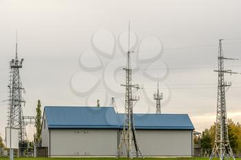 Buildings and towers of high voltage power transformer substation