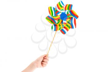 Child's hand with colorful pinwheel isolated on white background