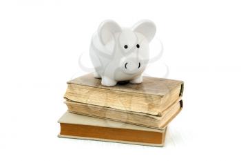 Savings for educaion concept, piggy bank on pile of books