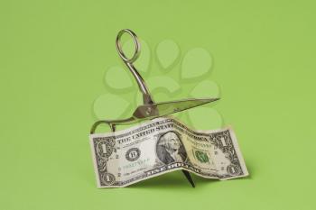 Cutting one dollar with scissors on green background. Devaluation of money. 