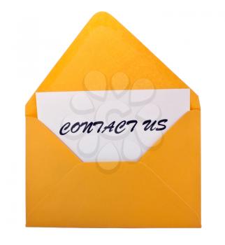 Conact us card in yellow envelope isolated on white