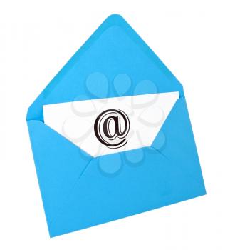Email symbol card in blue envelope isolated on white
