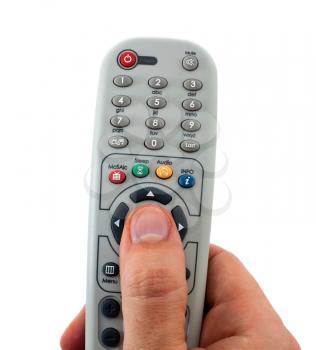 Television remote control in the hand isolated on white background
