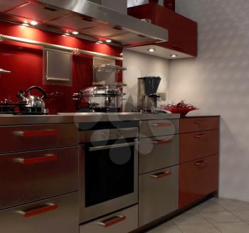 Kitchen in the red and silver lights