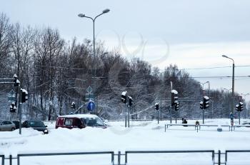 Crossroads with traffic lights in the winter