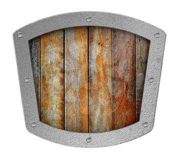 Wooden ancient shield with metal frame isolated on white background
