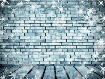Wall from frozen bricks and wooden floor wth snowflakes