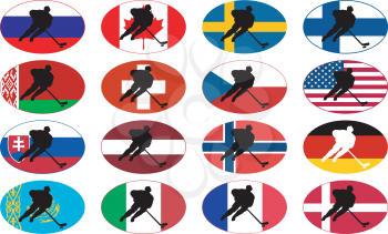 Royalty Free Clipart Image of Hockey Players in Oval Flags
