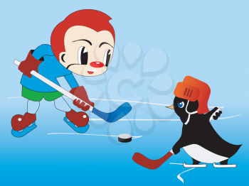 Royalty Free Clipart Image of a Boy Playing Hockey Against a Penguin