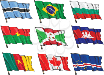set of hand drawn sketch illustrations of national flags