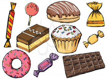 Candies, lollipop, bar of chocolate, bun in glaze, donut, cake, cupcake. Set of sweets. Isolated on white. Sketching, hand drawn, vector illustration