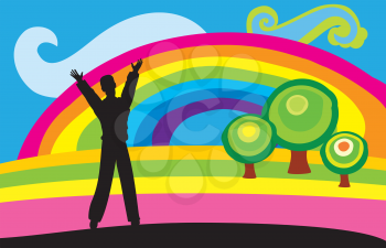 Royalty Free Clipart Image of a Man By a Rainbow