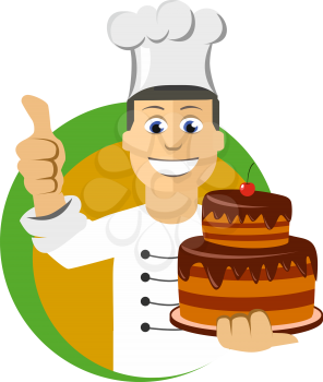 Cartoon chefs cooking, holding tray with cake, vector illustration