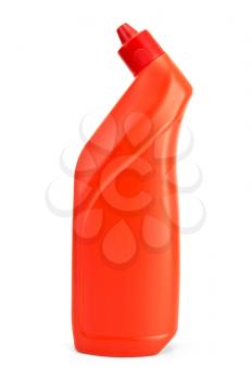 A bottle of red with a detergent or cleanser and a curved lid isolated on white background