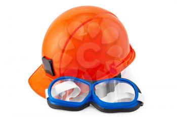 Orange helmet and goggles blue and black isolated on white background