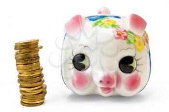 Piggy in the form of a white pig with colorful designs and a column of coins isolated on white background