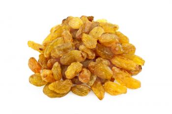 Lots of yellow raisins isolated on white background