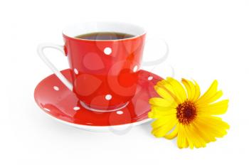 Coffee in the red with a white demitasse with a yellow flower isolated on white background