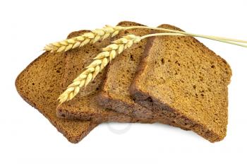 Four slices of rye bread, two stalks of cereals isolated on white background