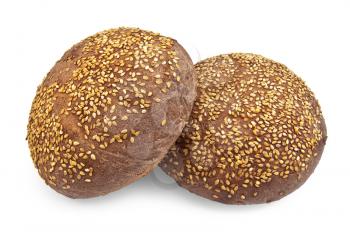 Two round rye rolls with sesame seeds isolated on a white background