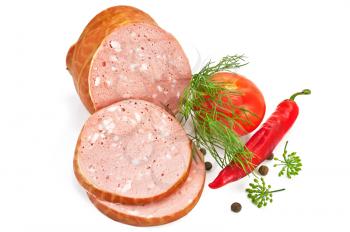 Pork sausage with red tomatoes, cayenne, peas several allspice, dill sprig and umbrellas isolated on a white background