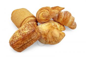 Croissants, puff pastries and bagels, two rolls isolated on a white background