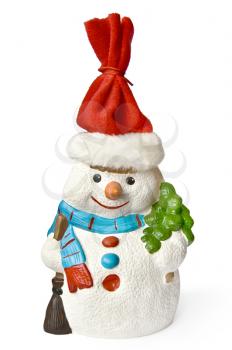 A snowman made of white foam in a red hat and blue scarf with a tree isolated on white background