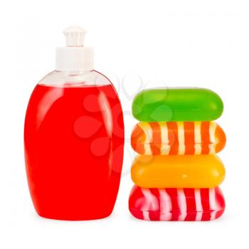Red liquid soap in a bottle, a stack of solid red, green, yellow and striped soap isolated on white background