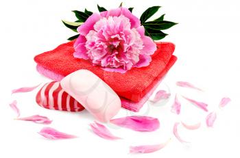 Solid red and pink striped soap, two towels and a pion is isolated on a white background